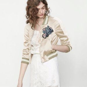 Maje Satin Bomber Jacket with Embroidered Floral Design